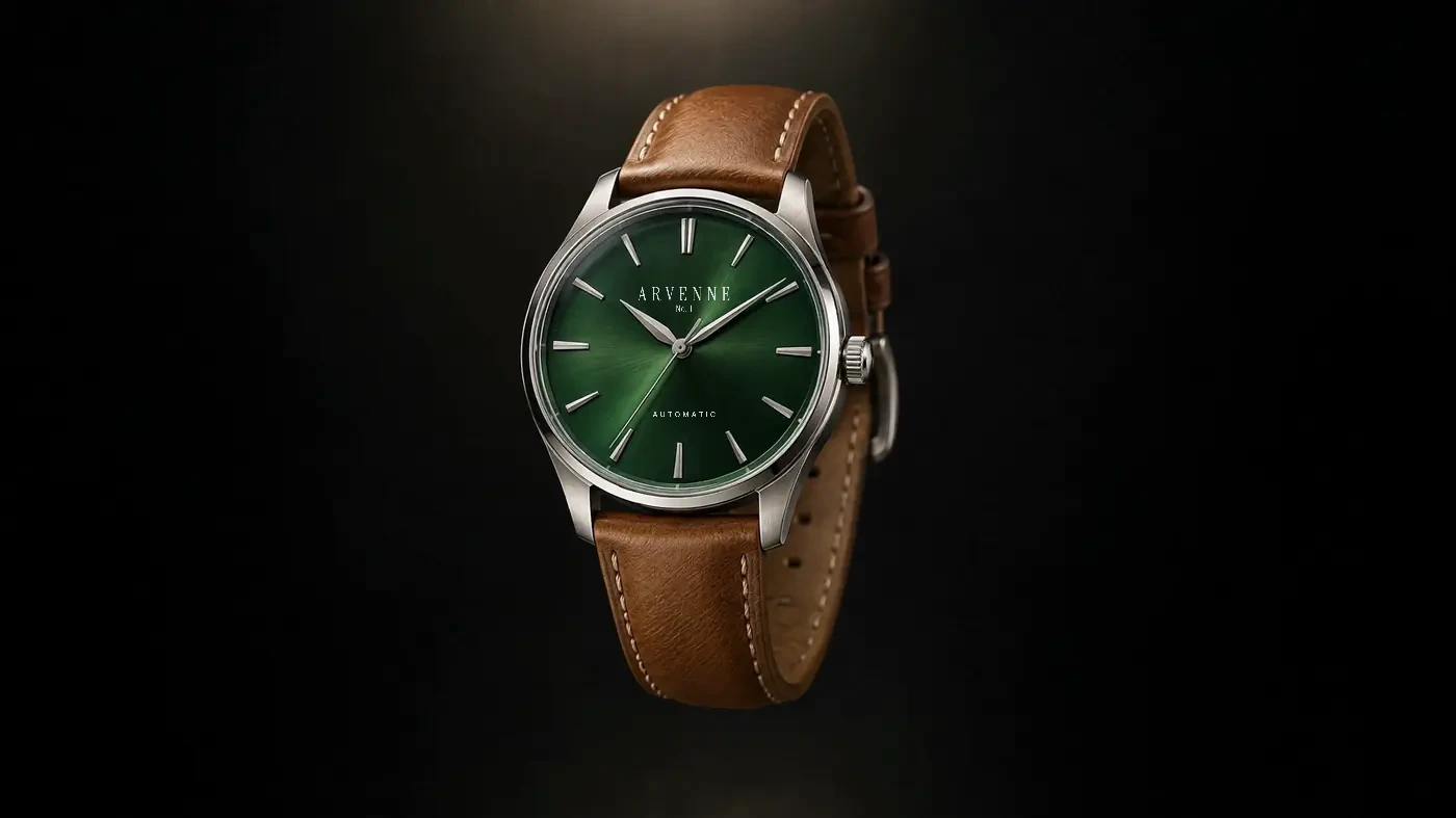 The Arvenne No. 1 watch with a green dial and brown leather strap.