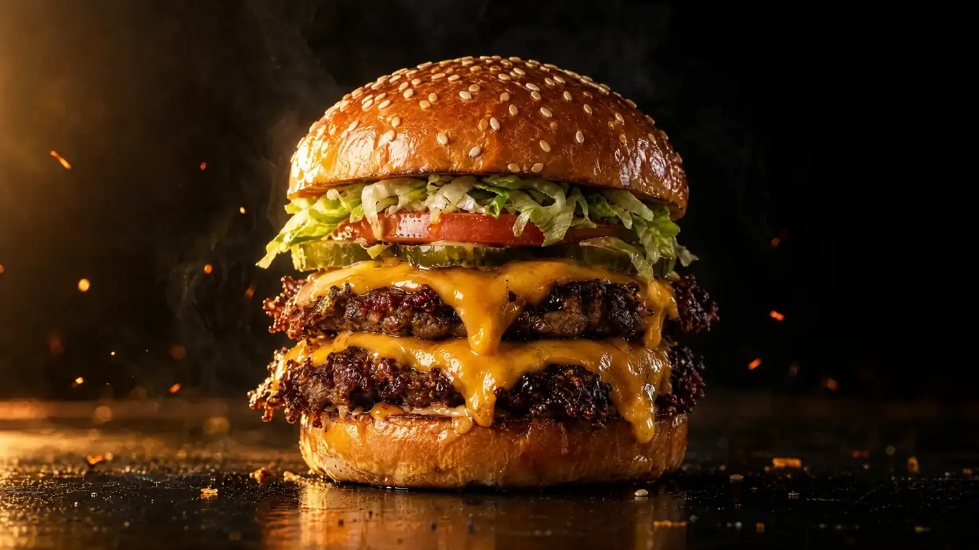 A double smash cheeseburger with crispy edges on a dark background.